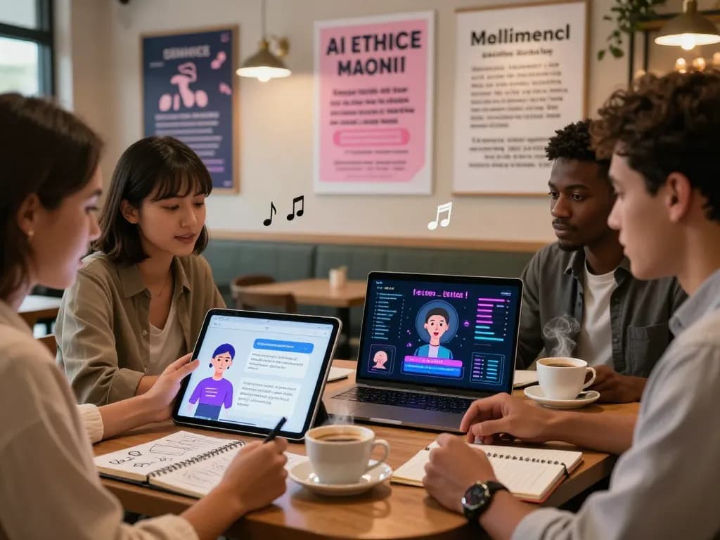 Engaging discussion around sex AI technology in a modern café setting, showing diverse individuals interacting with AI devices.
