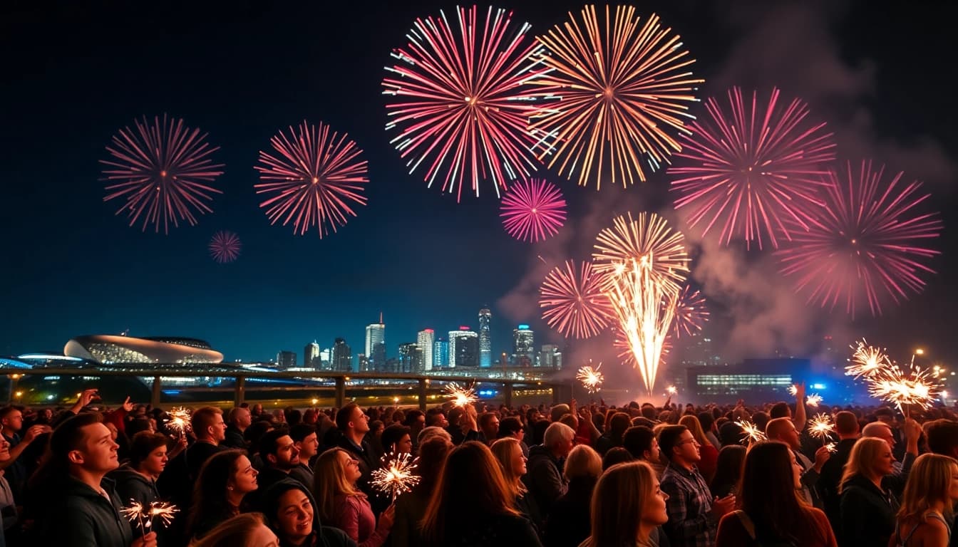 Buy fireworks Manchester with families enjoying a lively display in the night sky.