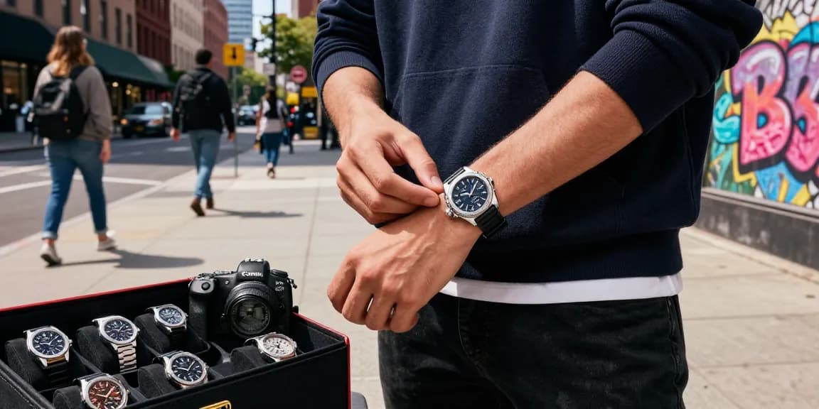 Stylish individual showcasing super clone watches in an urban setting.
