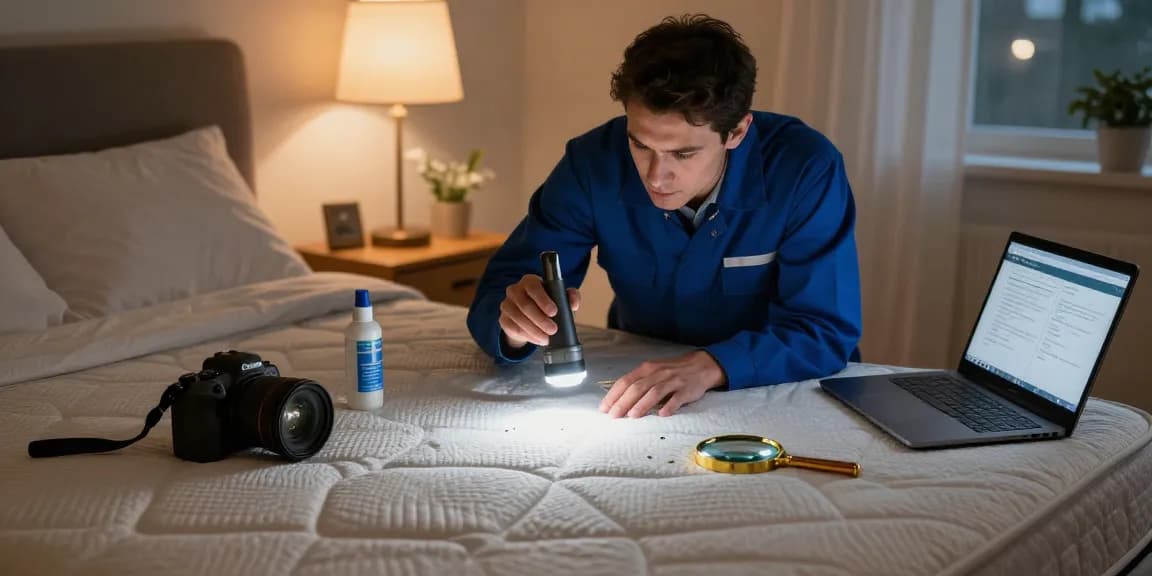 Bed bug treatment inspection by expert in Milwaukee bedroom, emphasizing professionalism and detail.