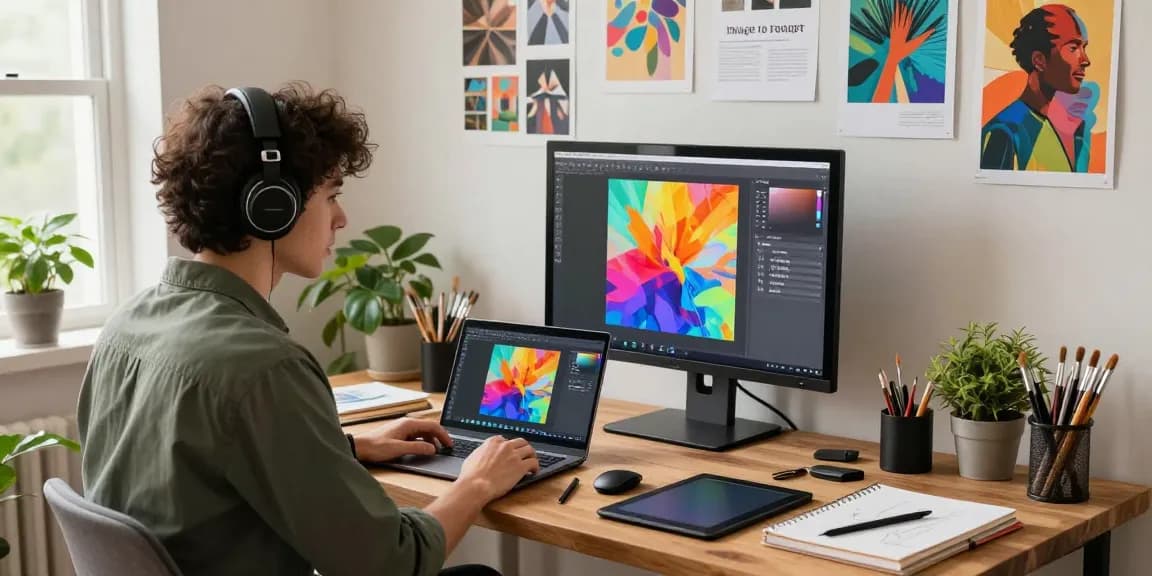 Generate image to prompt for AI art with artist in a creative workspace filled with color and inspiration.