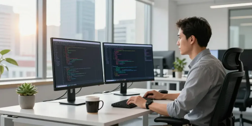 Experienced developer coding in a modern office setting with city view.